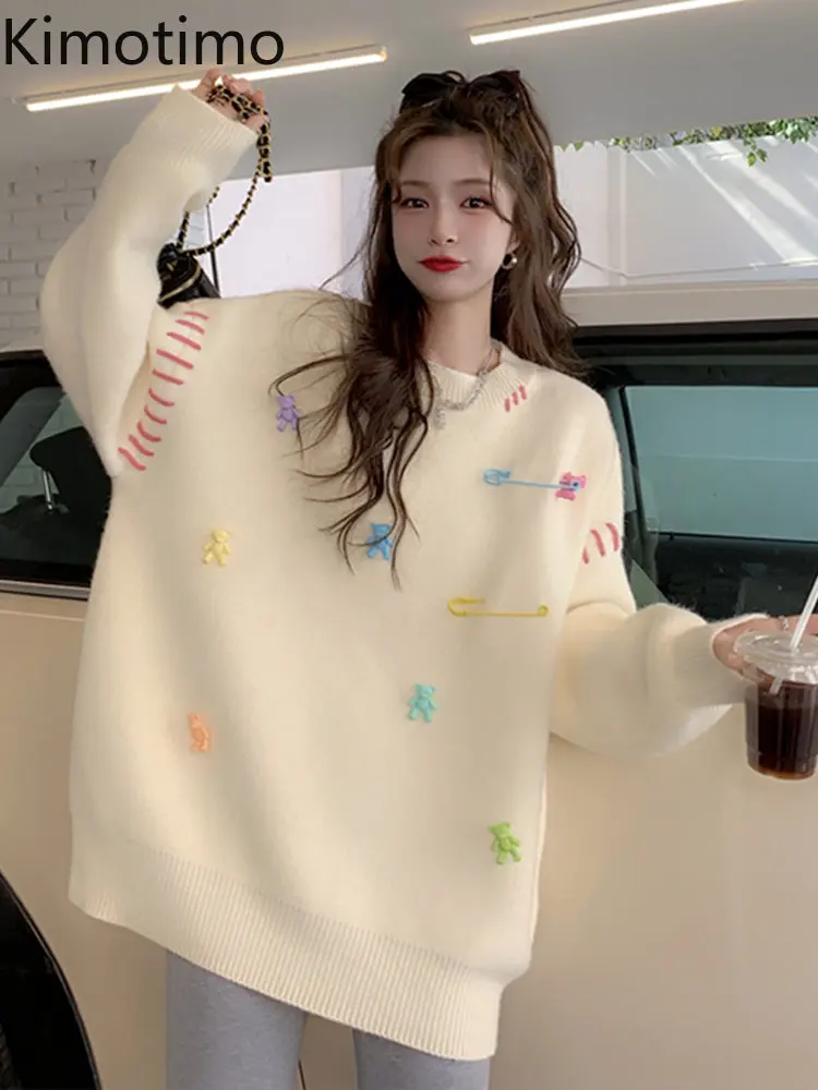 

Свитер Kimotimo с вышивкой в виде цветного медведя, женский осенне-зимний Свободный пуловер с круглым вырезом, корейский модный дизайнерский ле...