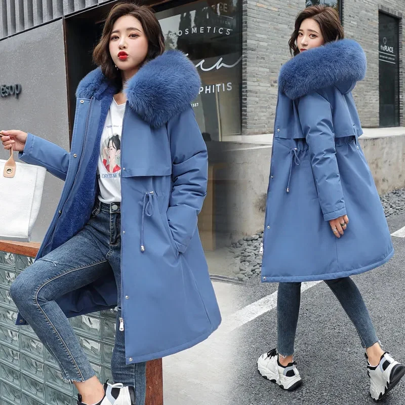 New Women Parka Clothes Long Coat Wool Liner Hooded Jacket Fur Collar Thick Warm Snow Wear Padded Parka Winter Jacket