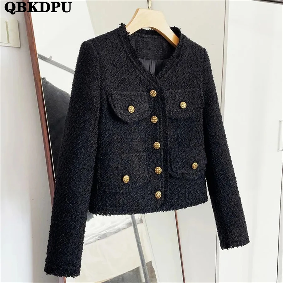 

Luxury Black Women Cropped Tweed Jacket Spring Fall O Neck Vintage Coat Korean Streetwear Outwear Single Breasted Chaqueta 2023
