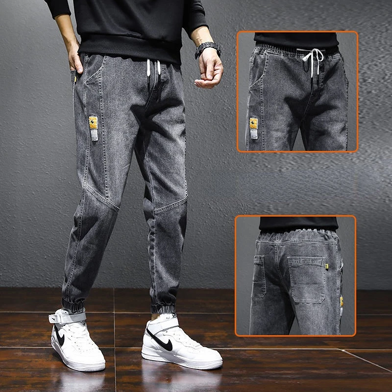 Streetwear Korean Jeans Men Jeans Summer Loose Pockets Stitching Jeans Men Lace-up Mid-Waist Denim Pencil Pants Harem Pants