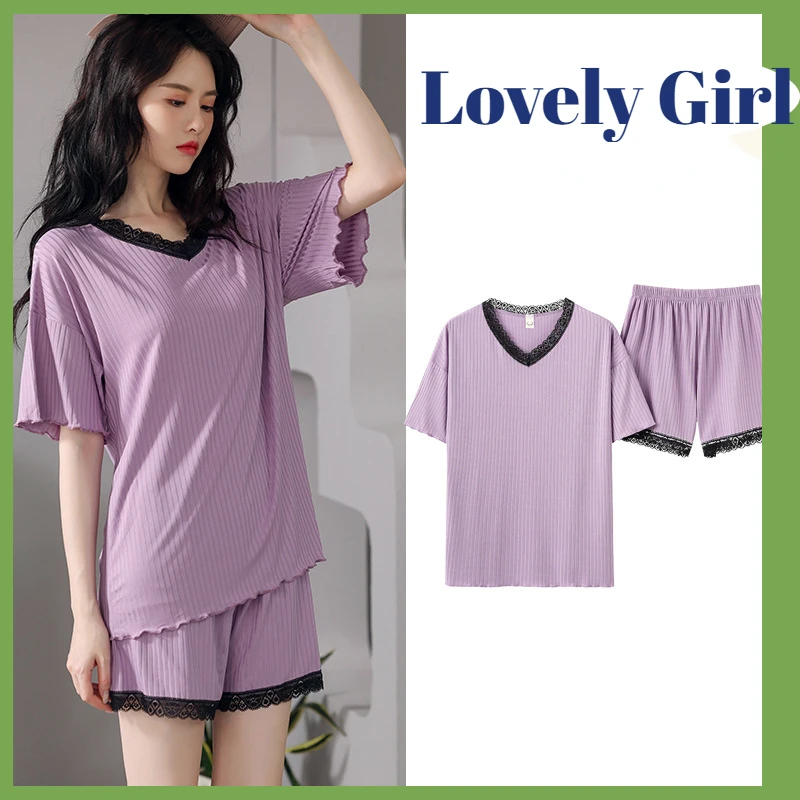 Women's Pajamas Summer This Simple Casual V-neck Short-sleeved Shorts Home Service Suit Lace Decoration Comfortable Sleepwear