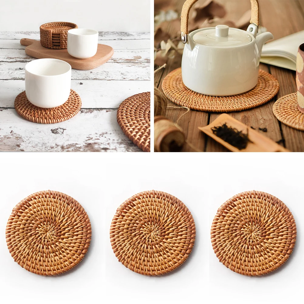 Placemat Pad Coasters Kitchen Table Mats Rattan Coaster Bowl Mats Padding Mat Insulation Pad Round Placemats Hand-made