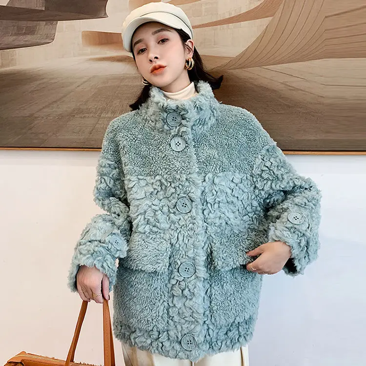 women fur Sheep Sheared Female Brief Paragraph Coat Keep Warm Thick Fur Coat Compound Fur Lambs Wool Coat Collar Shearling Coat