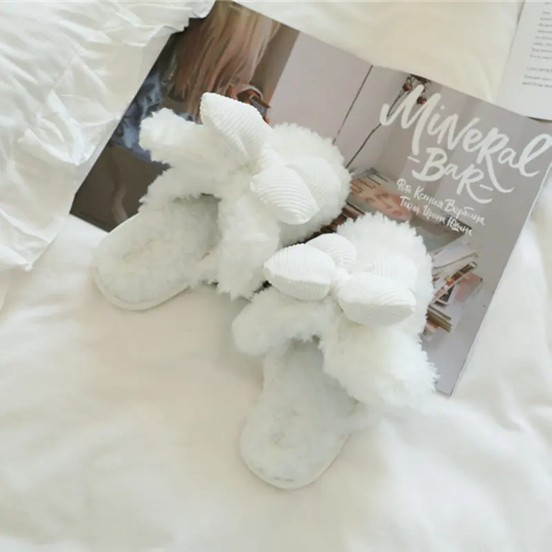 Новые Симпатичные плюшевые женские тапочки с большим трехмерным бантом теплая