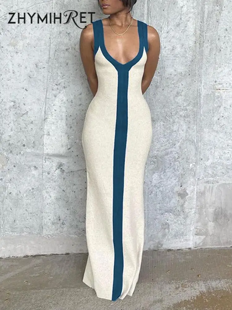 

Длинные женские платья ZHYMIHRET в стиле пэчворк с V-образным вырезом, летнее вязаное хлопковое Макси-платье с разрезом сзади, прямое платье на бретелях-спагетти, 2023
