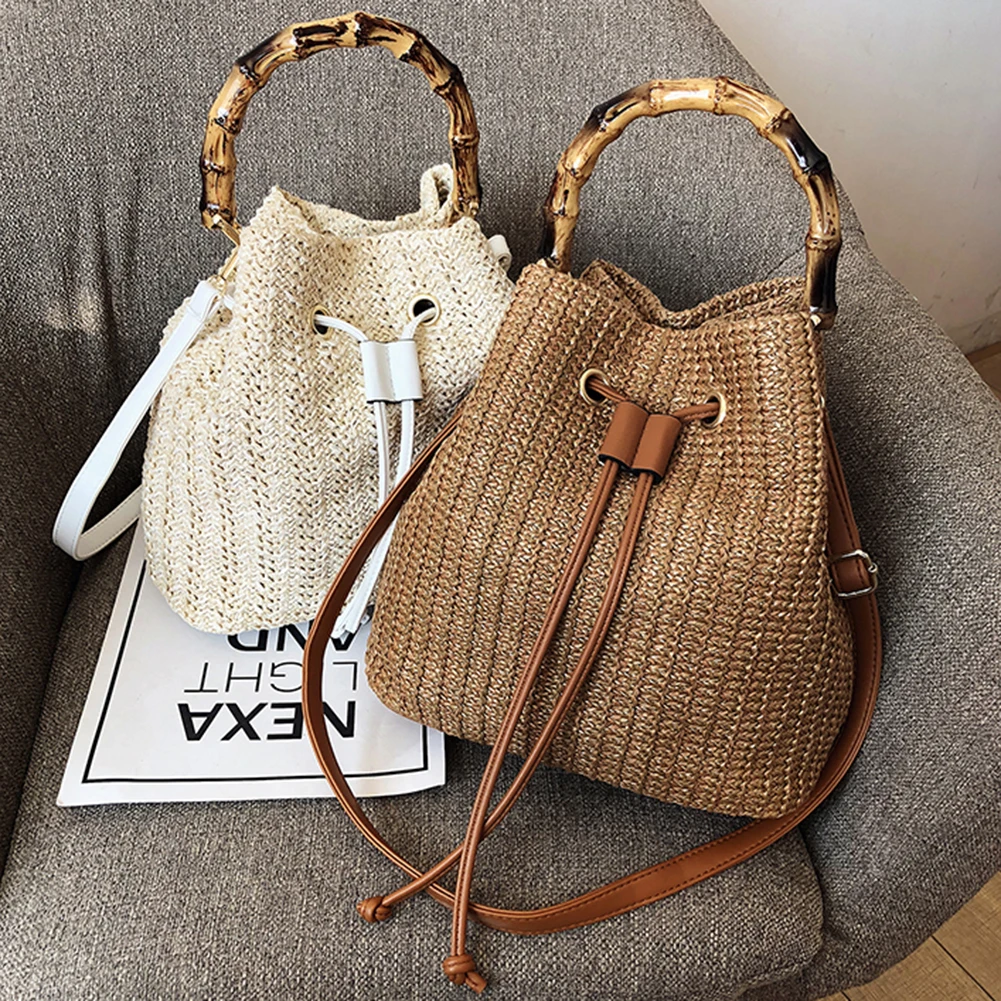 

Women Beach Bucket Bag Straw Woven Summer Vacation Ladies Casual Seaside Bamboo Handheld Crossbody Shoulder Totes Handbags