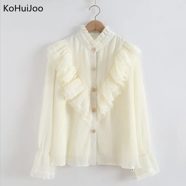 

KoHuiJoo Ladies Ruffle Blouses Spring Autumn New Long Sleeve Fashion Elegant Blouse Stand Flare Sleeve Top Women Shirt 2022