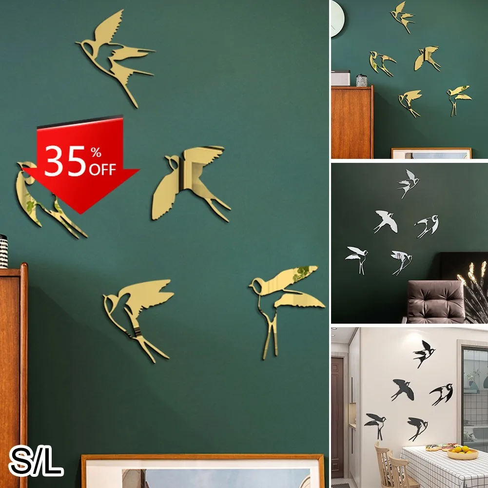 

5pcs/Set Wall Sticker Swallow Decal Acrylic Mural Gold/Silver/Black For Walls Doors Casement Closets Home Background Decoration