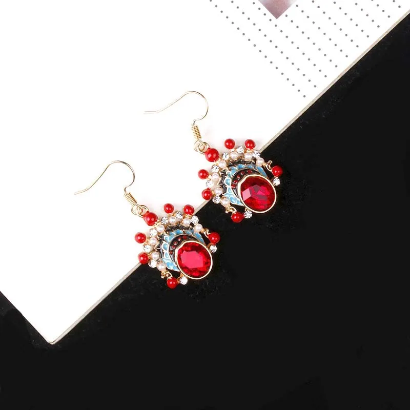 

925 Silver Needle New Earrings Trendy Chinese Style Peking Opera Facial Makeup Vintage Pearl Ear Studs Tassel Earrings Fairy Ear