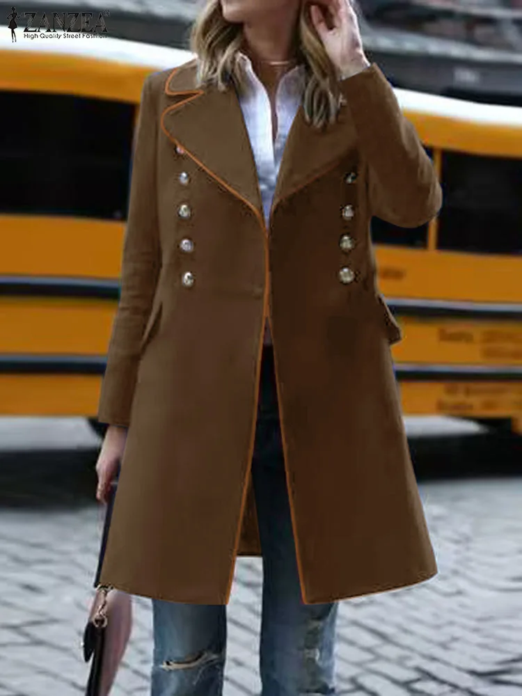 

Женский костюм ZANZEA с воротником, пальто, винтажная зимняя длинная куртка 2023, модная повседневная свободная офисная Праздничная верхняя одежда с длинным рукавом и цветными блоками