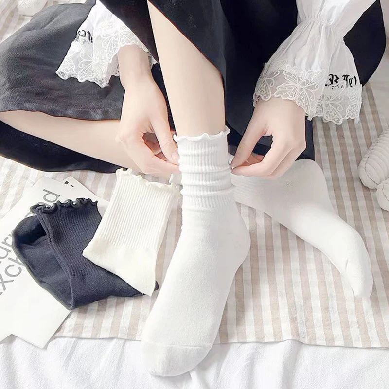 Japanese Style Solid Color Frilly Ruffle Socks for Women Girls Fashion Crew Cotton Cute Female Socks Black White Blue Green Red