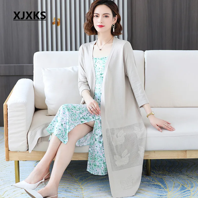 

Женский длинный кардиган из вискозы XJXKS, трикотажная одежда для защиты от солнца, с рукавом три четверти, весна-осень 2022