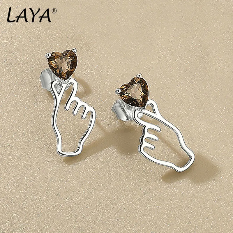 

LAYA 925100% Sterling Silver Women's Silver Earrings Natural tea crystal Heart Shape Design Fashion Luxury Jewelry 2022 Trend