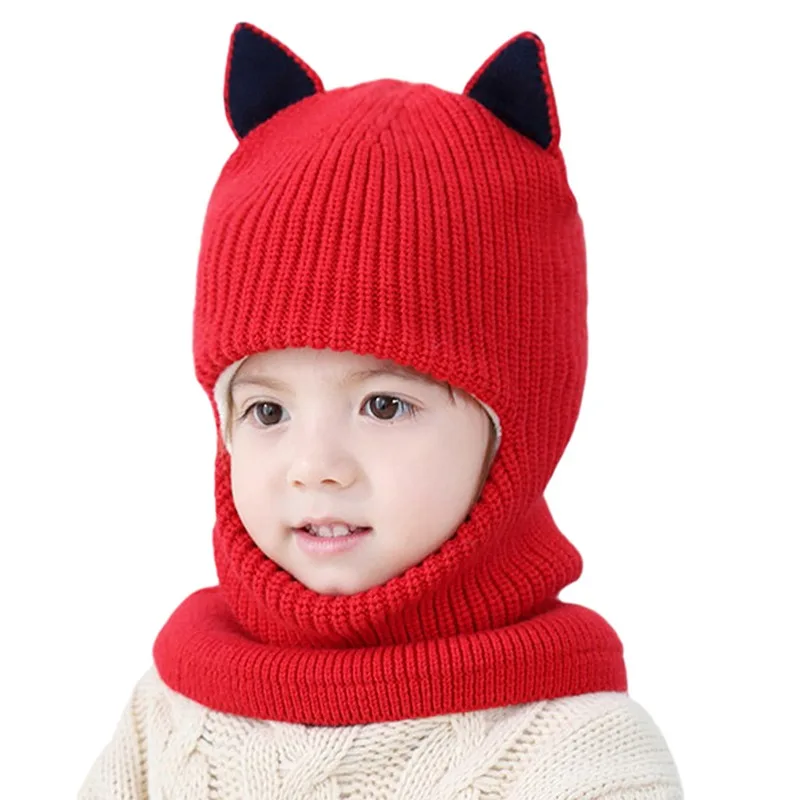 

Winter Children Hats Knitted Baby Girls and Boys Hat with Warm Fleece Lining Cute Cat Ears Hats for Kids