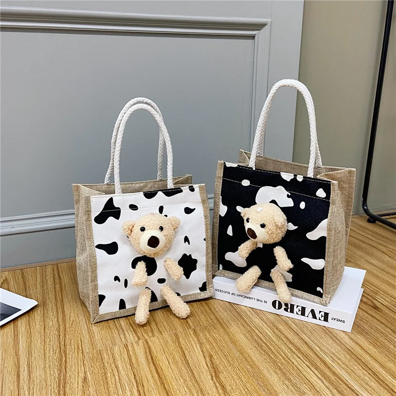 

2021 new Korean women's bag ins Cute Cartoon Bear handbag trendy student canvas bag convenience lunch box bag