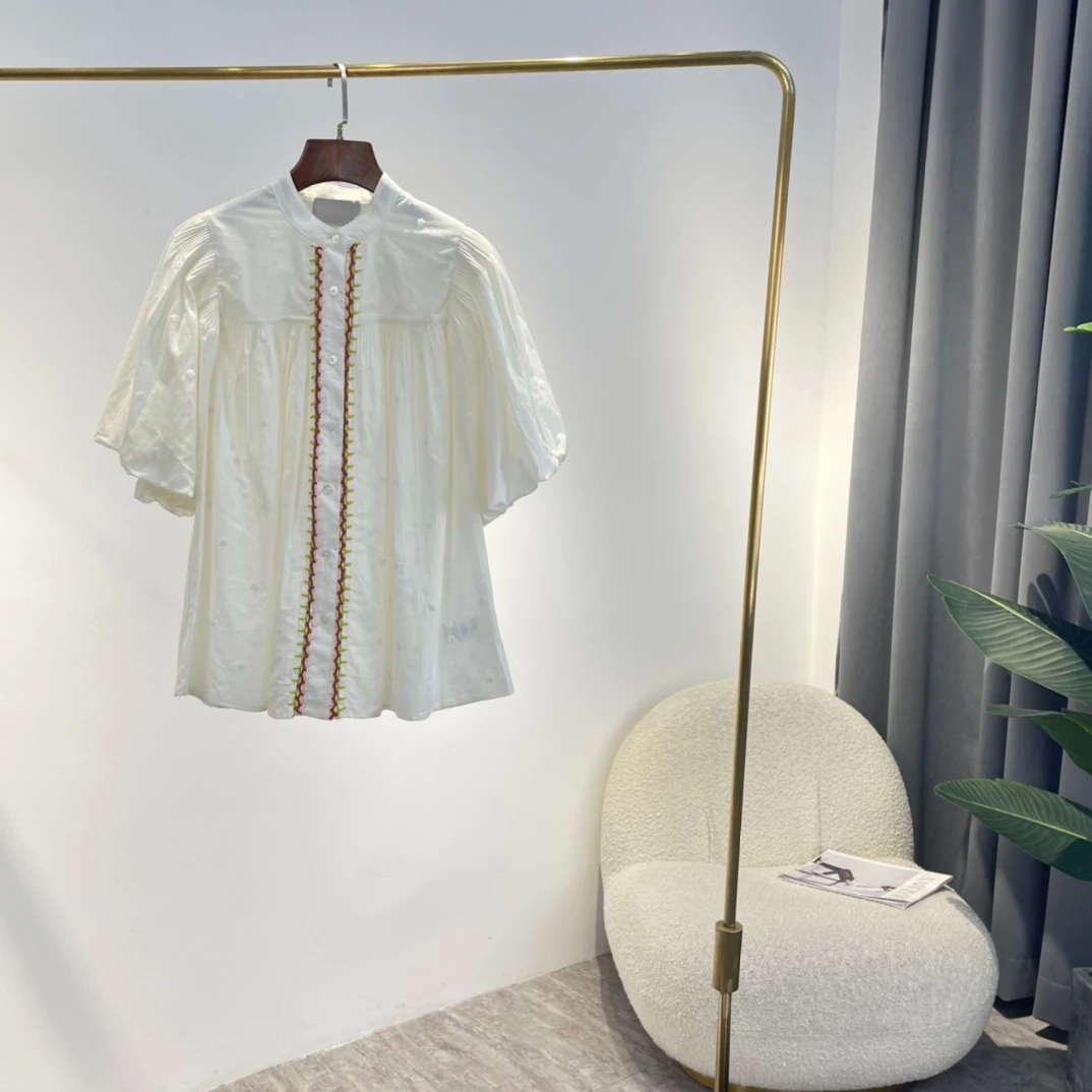 

Beige Embroidered Vintage Women Blouse Short Puff Sleeve New Summer High Quality Cotton Shirt 2022