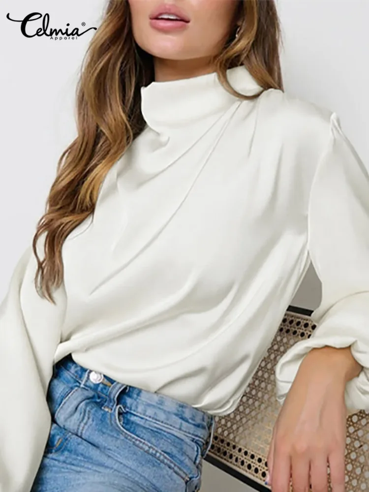 

Elegant Lantern Sleeve Tunic Celmia Fashion Women Satin Blouses Sexy Pile Collar Pressed Pleats Tops 3 Color Chic Oversize Shirt