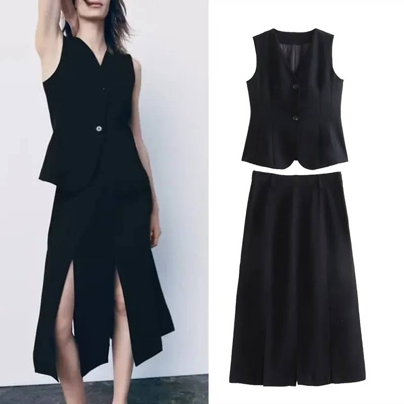 

TRAF Woman's Midi Skirt Sets 2023 Solid Fashion Self Ties At Hem High Waist Skirts Vintage V-neck Single Breasted Vests Women