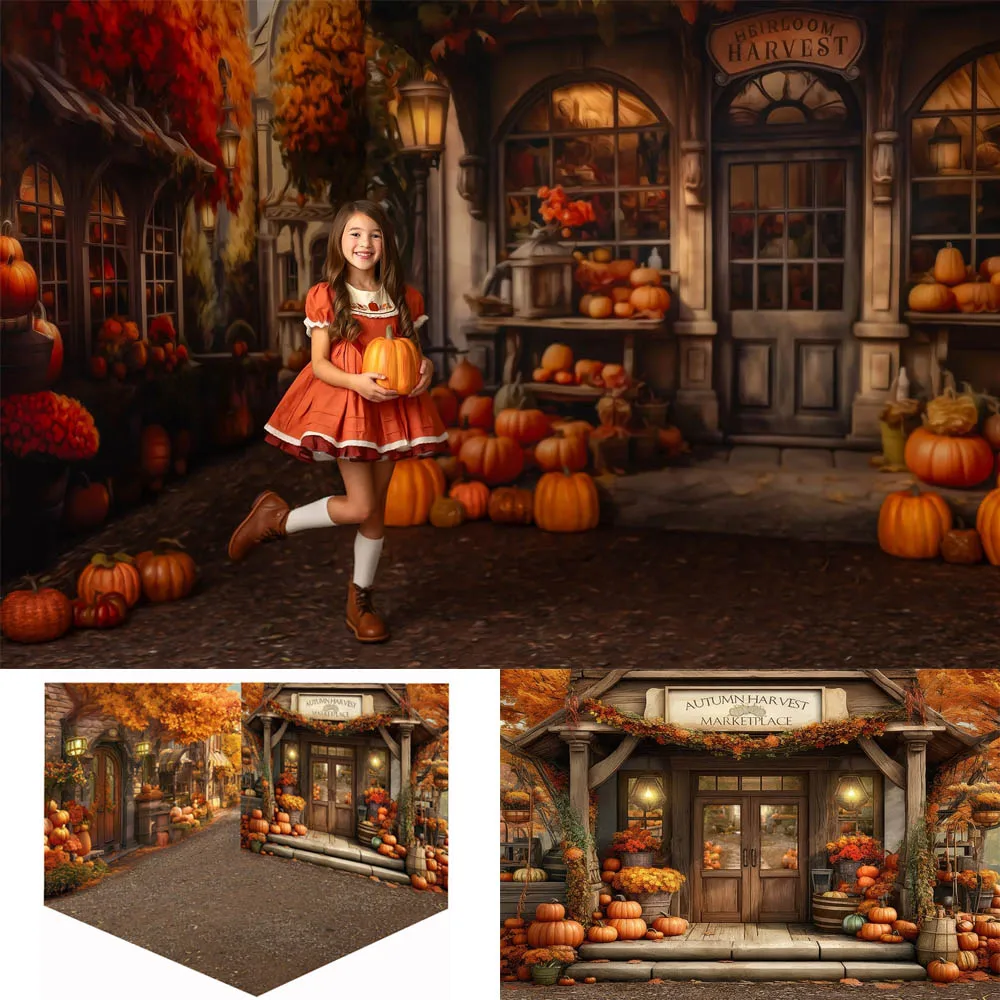 

Autumn Pumpkin Harvest Street Backdrops Family Portrait Kids Birthday Cake Smash Background Fall Maple Leaf Dirt Floor Photocall
