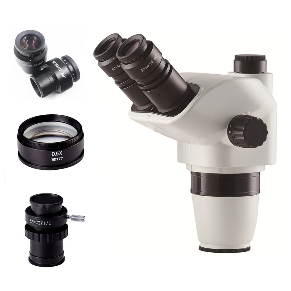 

6.7X-45X Simul-focal Zoom Trinocular Stereo Microscopes Head with 10X Eyepiece, 0.5X Auxiliary Lens and 0.5X C-mount Adapter