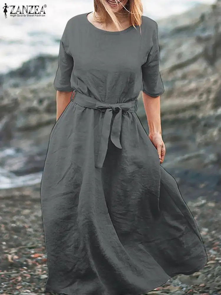 

Платье ZANZEA женское с полурукавом и круглым вырезом, хлопковое однотонное повседневное элегантное свободное сарафан-трапеция до колен, с по...