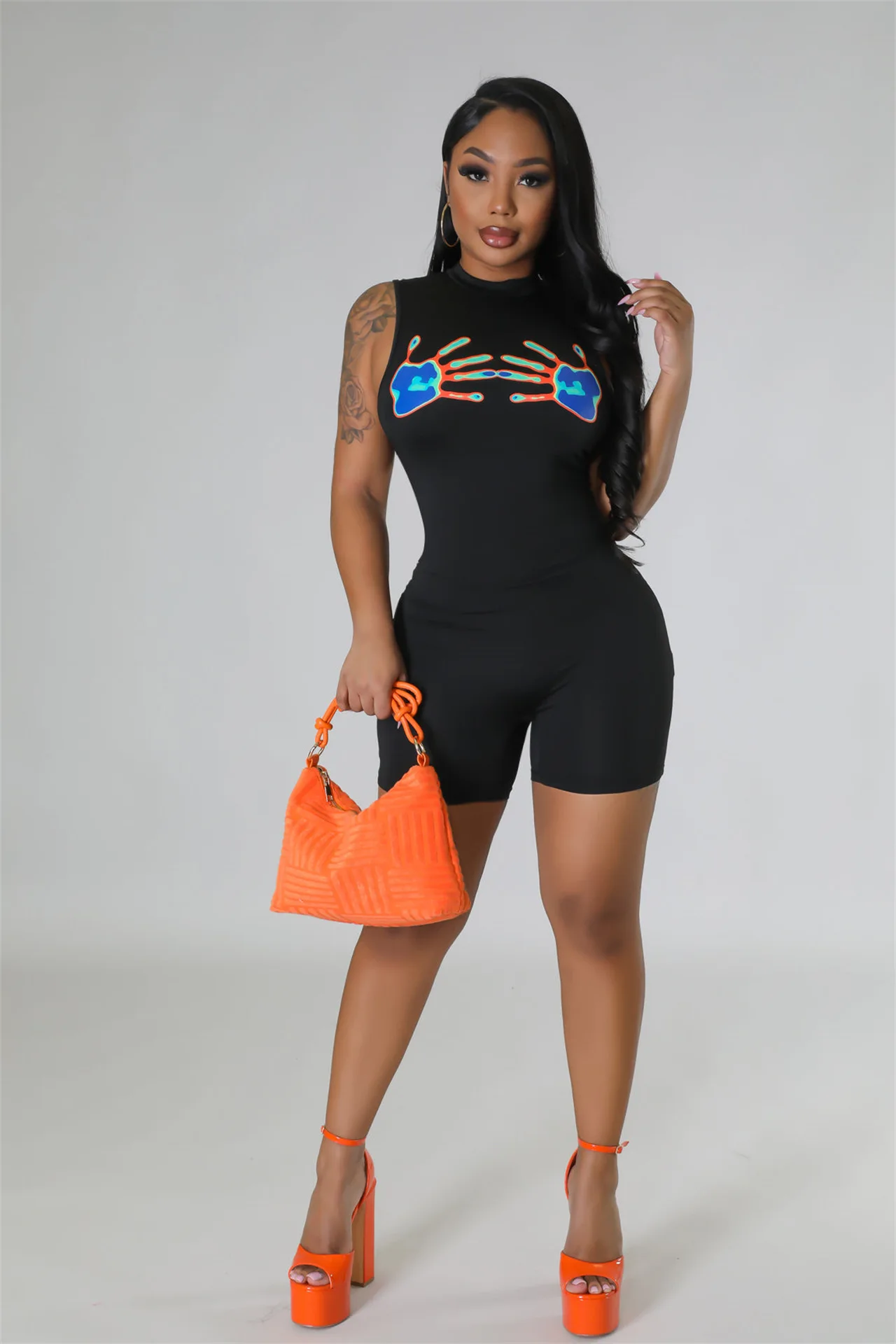 

Женское боди элегантный клубный наряд 2023 Модный облегающий комбинезон без рукавов с градиентным принтом пальцев летние сексуальные уличные комбинезоны