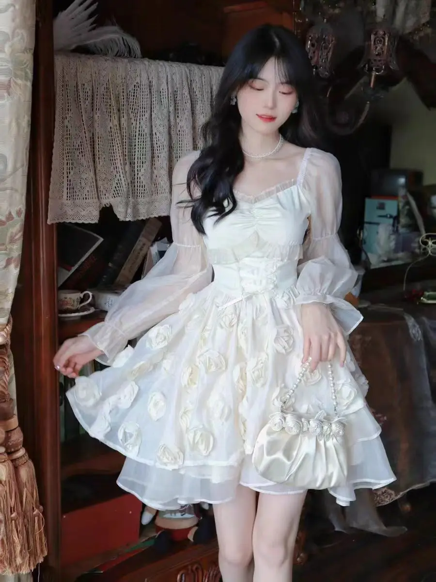 

Женское винтажное платье в стиле «лолита», милое офисное платье мини с цветочным принтом, одежда в французском стиле для весны и лета, 2023