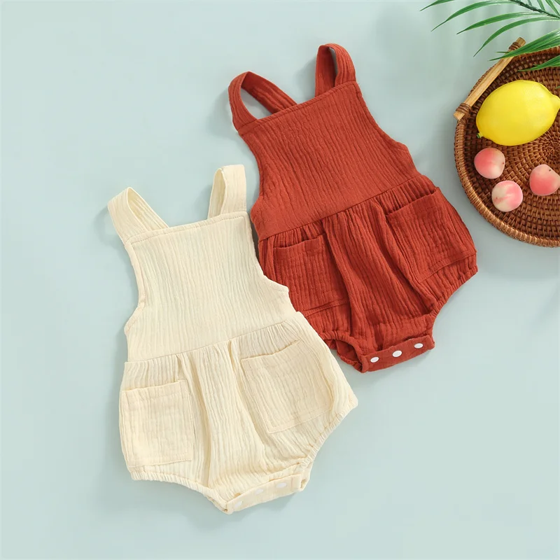 

Комбинезон без рукавов для маленьких мальчиков и девочек 0-24 мес., летний Повседневный однотонный комбинезон на бретелях с карманами