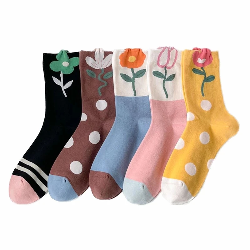 5 Pair Dot Flowers Print Cotton Socks Ruffle Socks Cute Long Winter Fashion Korea Style Women Socks Streetwear Chaussette Femme