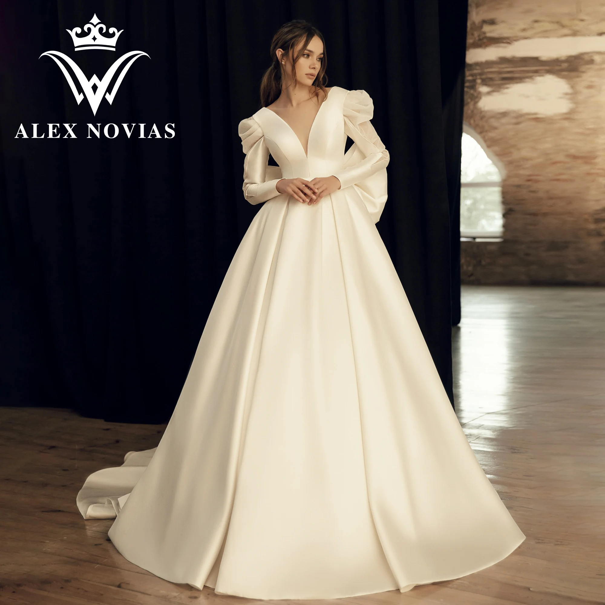 

ALEX NOVIAS A-Line Long Sleeve Satin Wedding Dress 2023 Deep V-neck Draped Backless Belt Wedding Gown Vestidos Novias De Saten