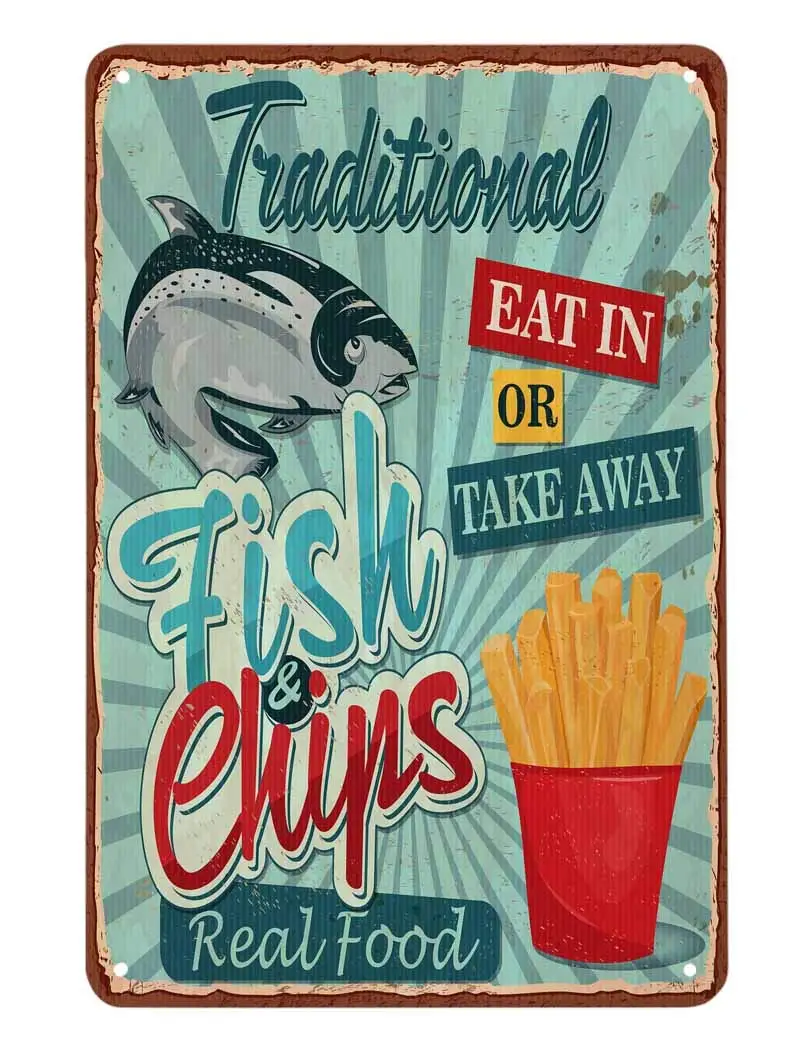 Жестяной знак AOYEGO с рыбками и чипами традиционные жестяные винтажные