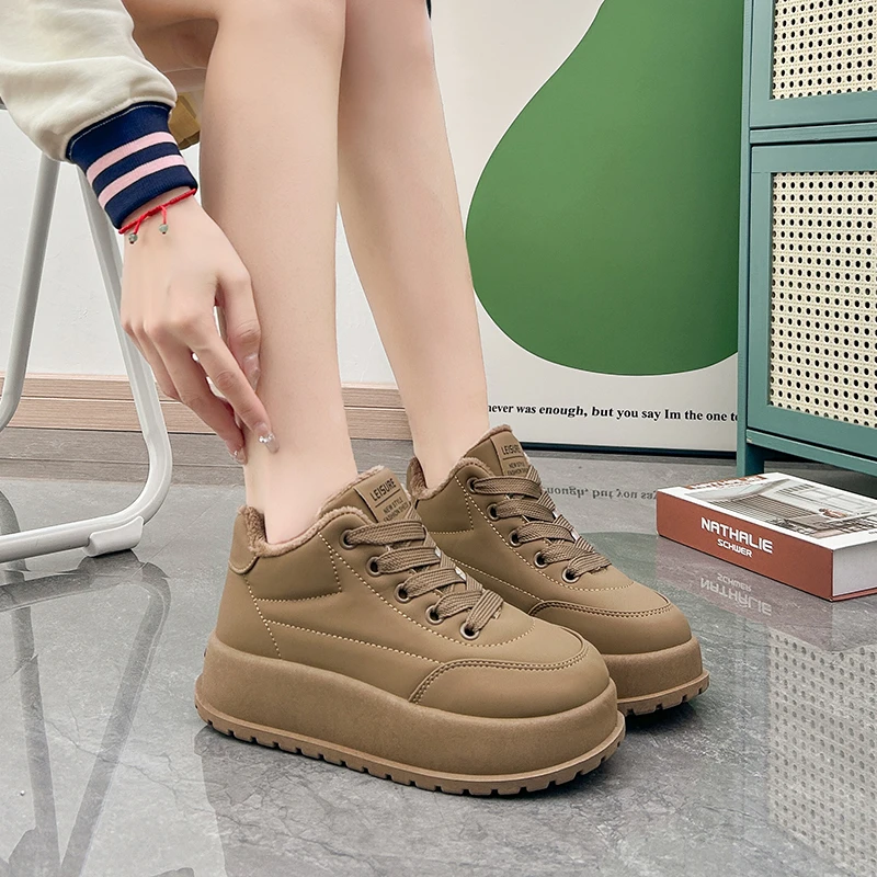 

Женские спортивные ботинки, зимняя обувь на толстой подошве, на шнуровке, кожаная плоская подошва, новая Теплая Бархатная повседневная обувь, женская обувь, 2023