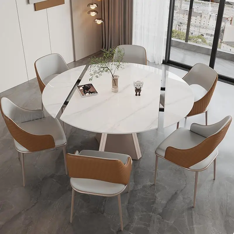 

Luxury Dining Table Extendable Rotating Sintered Stone Desktop For 4 Or 6 People Salon Furniture Round Coffee Dinner Table