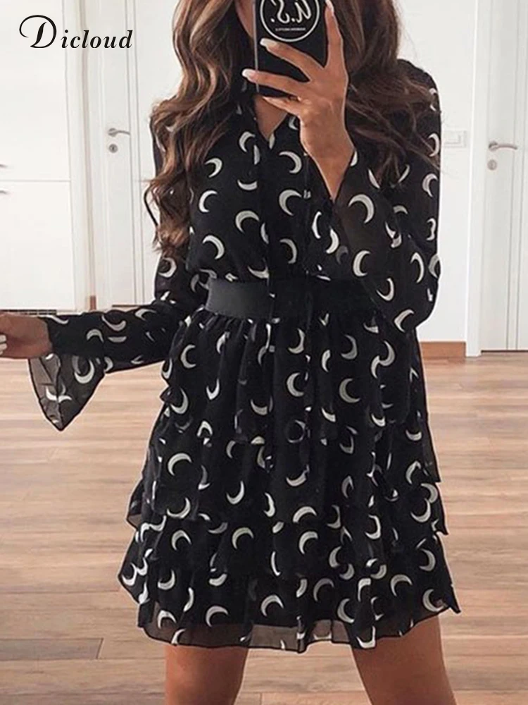 

DICLOUD Black Summer Women Dress 2022 Moon Print High Neck Cascading Ruffle Chiffon Dress Sexy Party A Line Female Clothing
