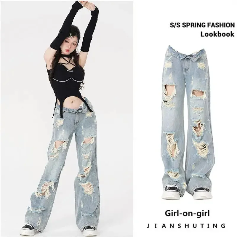 

Джинсы-карго женские свободного покроя, модные брюки из денима с дырками в корейском ретро-стиле, уличная одежда с пряными широкими штанинами для девушек, летняя одежда