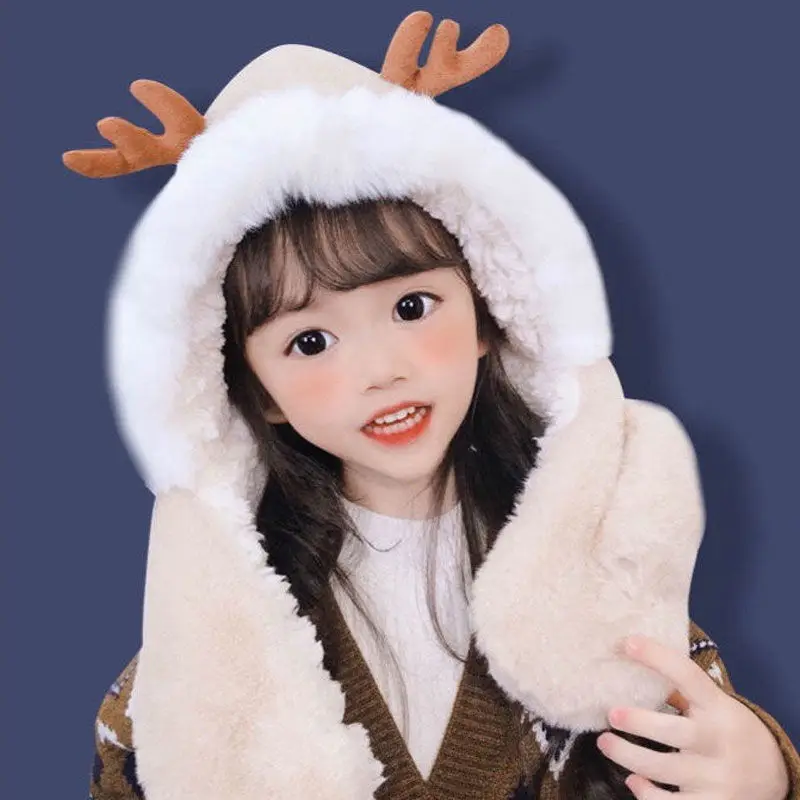 

Christmas Deer Horn Winter Girls Hat Scarf Thick Fleece Soft Fur Snowear Warm Children's Turban Kids Kawaii Ear Cap