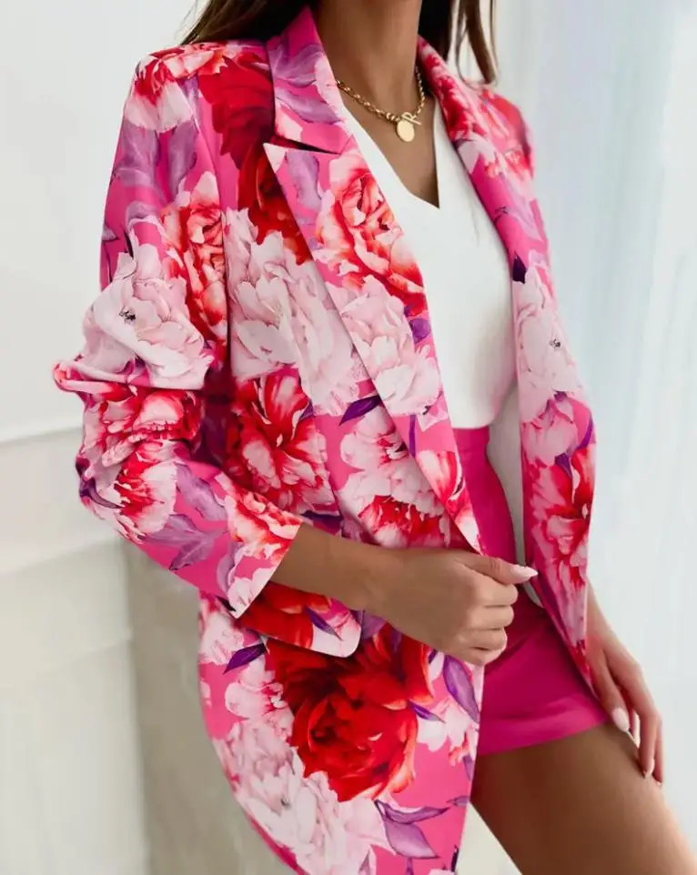 

Fashion Woman Blazer 2022 Spring Floral Print Elegant Long Sleeve Notched Collar Work Blazer Coat