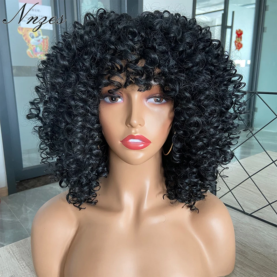 

NNZES Synthetic Wig Short Black Afro Kinky Wig With Bangs Blonde Purple Pink Color Lolita Heat Resistant Wigs for Women