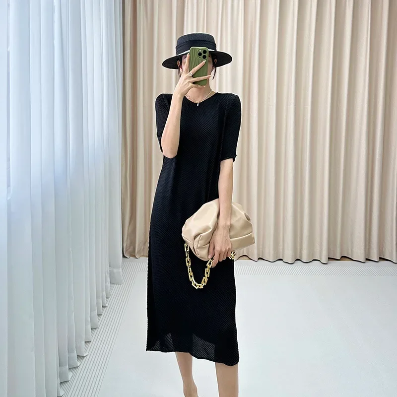 Женское длинное плиссированное платье миаке однотонное Повседневное с круглым