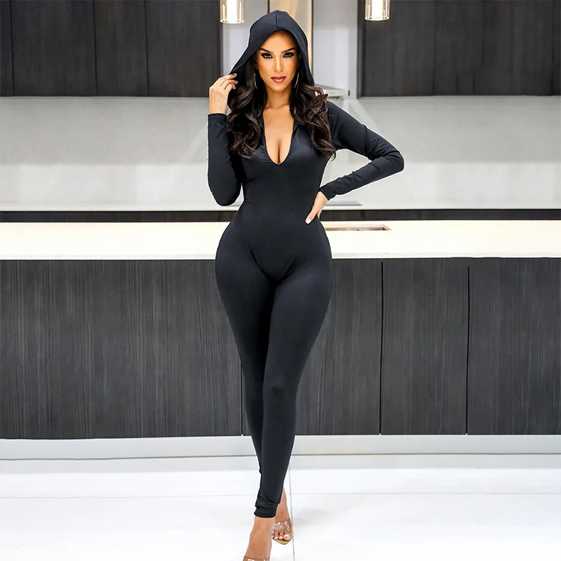 

Stylish skinny open-back pleated hooded long-sleeved jumpsuits