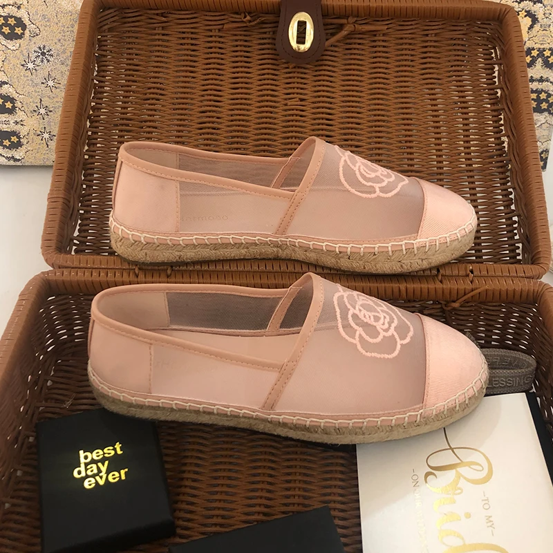 2023 New Breathable Mesh Rushed Hemp Flax Shoes Flower Upper Casual Flats Mujer Sapatos Summer