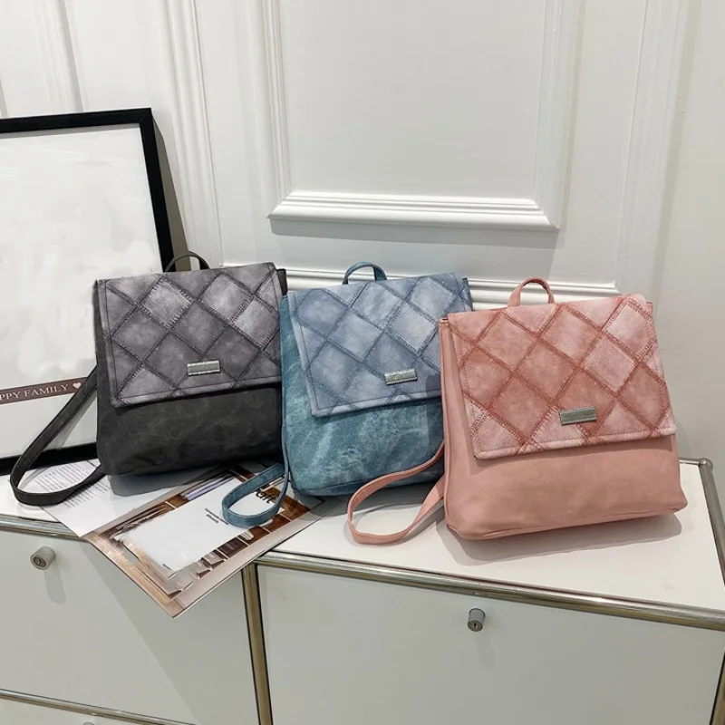 

Fashion Checker Backpack New PU Splice Denim Women Backpack Large Capacity Fashion Backpack Exquisite One Shoulder Messenger Bag