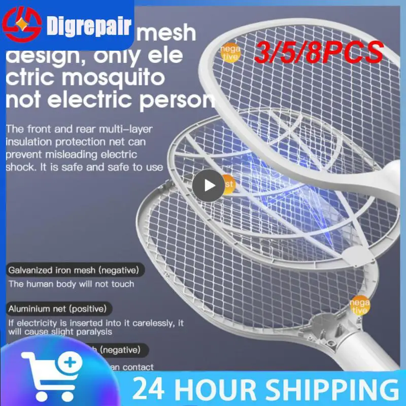 

3/5/8PCS 2 In 1 Electric Insect Racket With Base Holder Mosquito Light Trap 3000v Handheld Electric Mosquito Killer