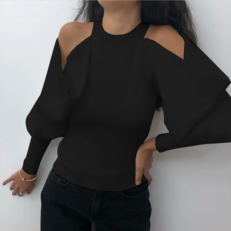 

2021 женская черная футболка с длинным рукавом, сексуальные укороченные топы с открытыми рукавами, Новые Вязаные футболки, новая облегающая о...