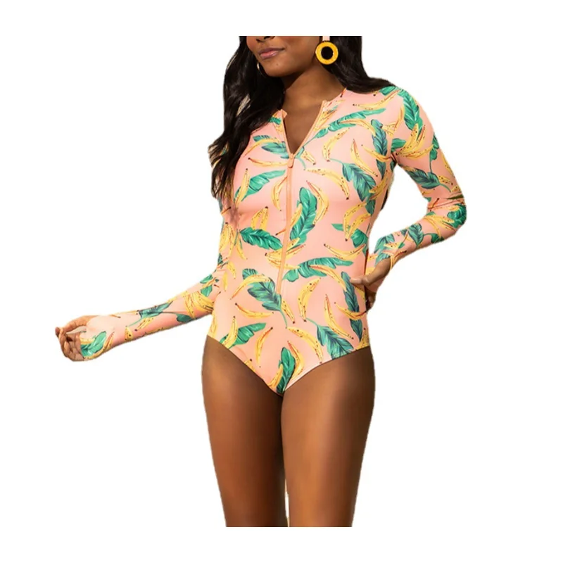 

New Arrival Women One Piece Swimsuit with Zipper and Floral Print Long Sleeve Swimwear in Multiple Color with Padded Fruit