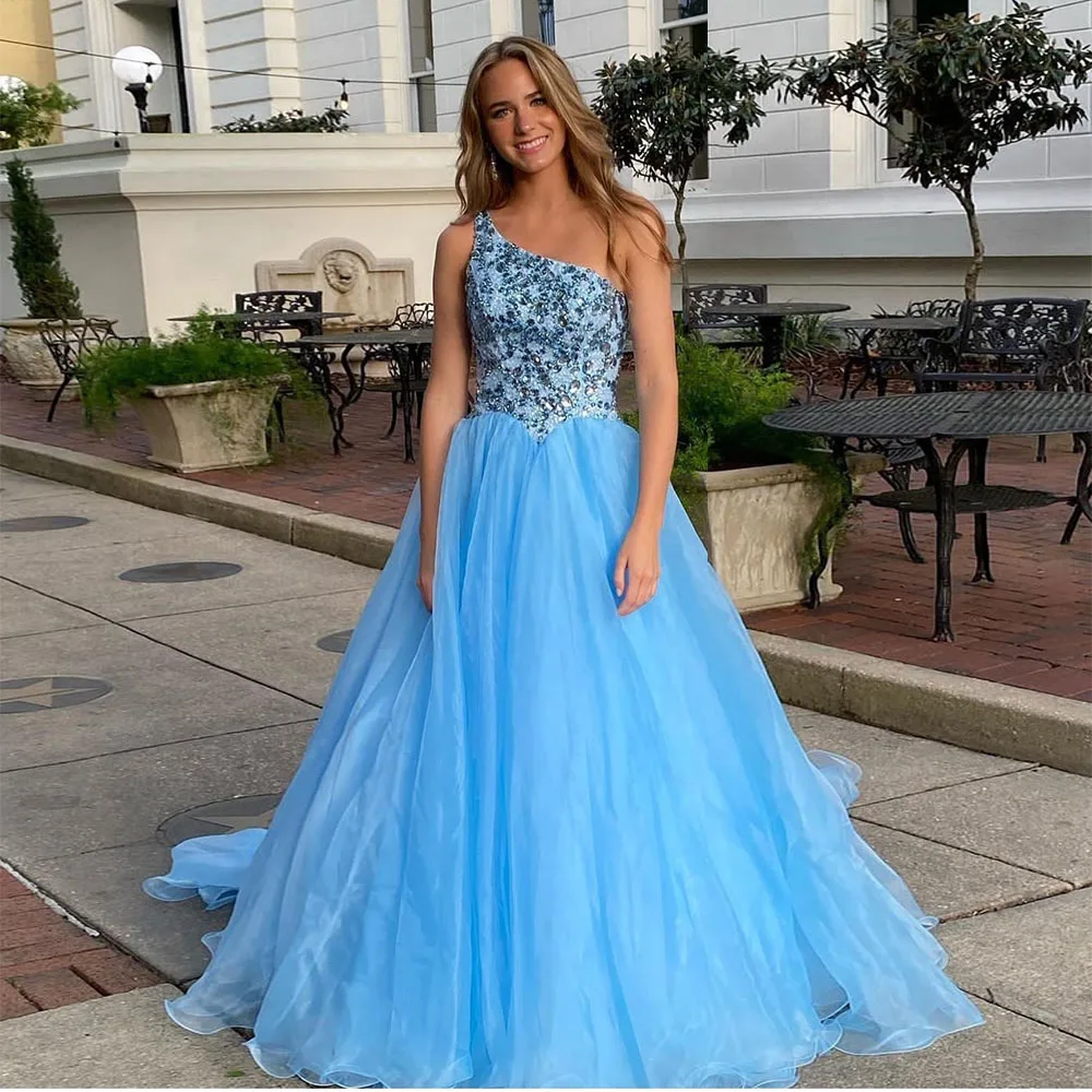 

Blue Organza Prom Dress A Line Spaghetti Straps Homecoming Dress Beading Robe De Sorrie Formal Party Vestido Graduation Dress