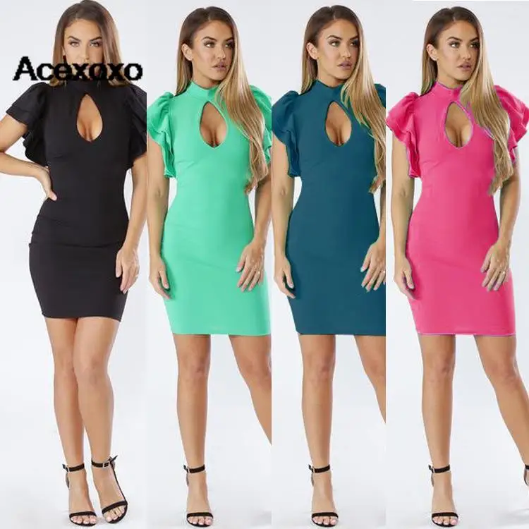 

Spring and summer 2023 new fashion lotus sleeve dig chest display chest sexy slim-fit bag hip dress nightclub women's dress