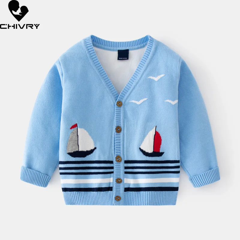 

New Autumn Winter Kids Cardigans Baby Boys Cartoon Sailboat Embroidery Single-breasted V neck Knit Cardigan Sweater Coat Clothes