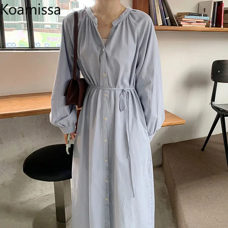 

Koamissa Causal Loose Dresses for Women Lantern Sleeves V-neck Female Spring Autumn Shirt Dress Single Breasted Vestido De Mujer