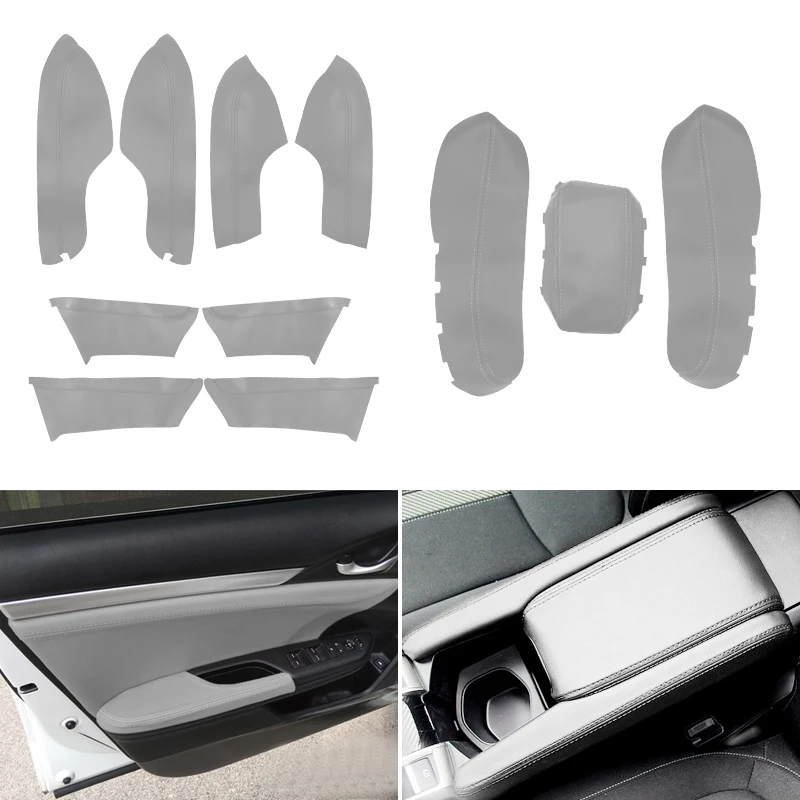 

4pcs Gray Microfiber Leather Interior Door Handle Panel Guards / Center Armrest Covers Trim For Honda Civic 10th Gen 2016 2017